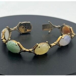 14K Gold Clasp Jade‎ Multi Color Jadeite Stone Cabochon Vintage 10-12k Bracelet